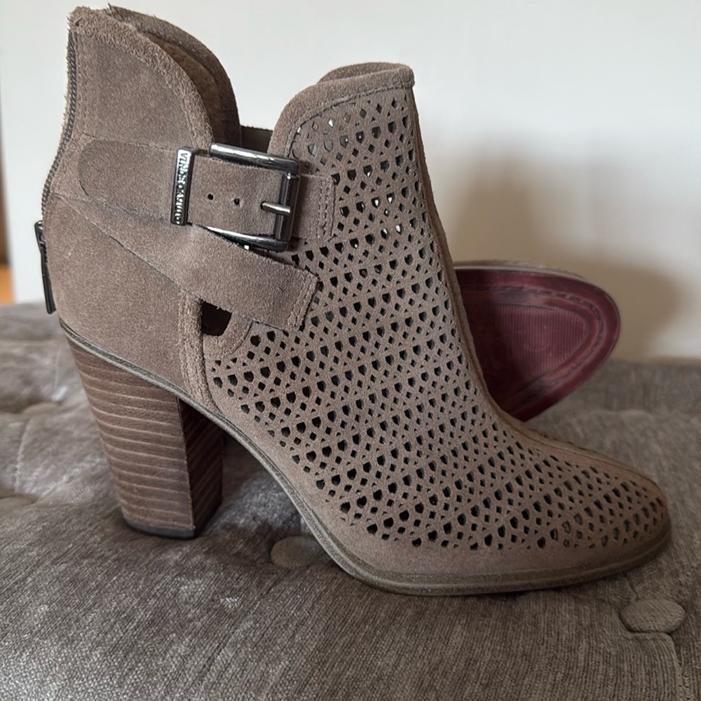 Vince Camuto Fanchon suede perforated tan ankle boot with buckle detail, size 6